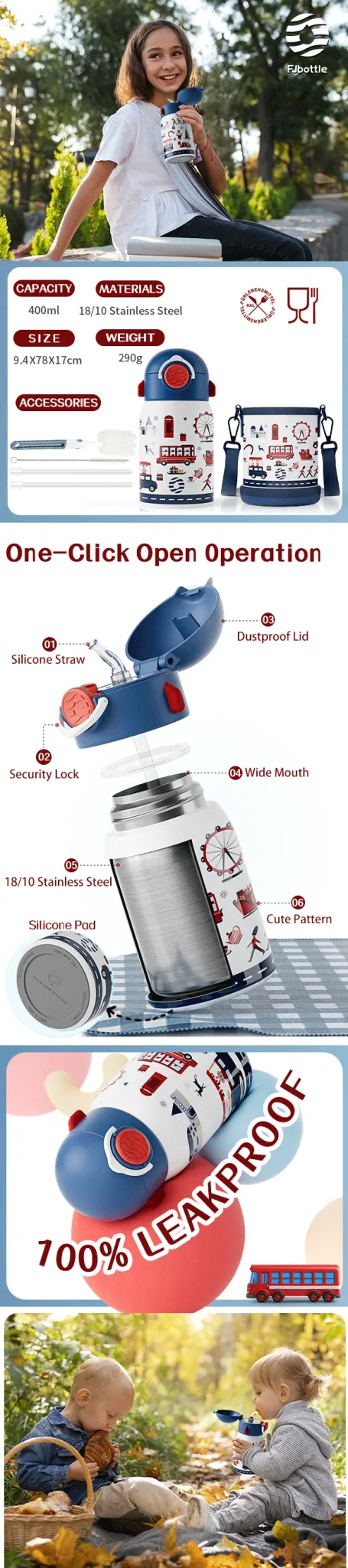 Fjbottle 400ml Kids Insulated Cartoon Thermos Bottle