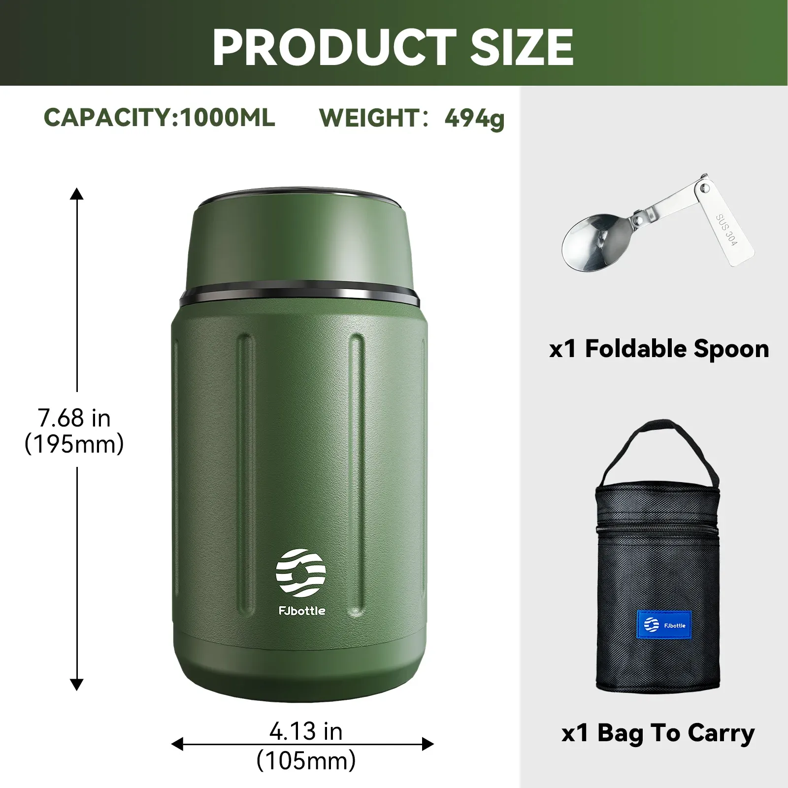 Fjbottle 1L Stainless Steel Thermal Lunch Box with Bag