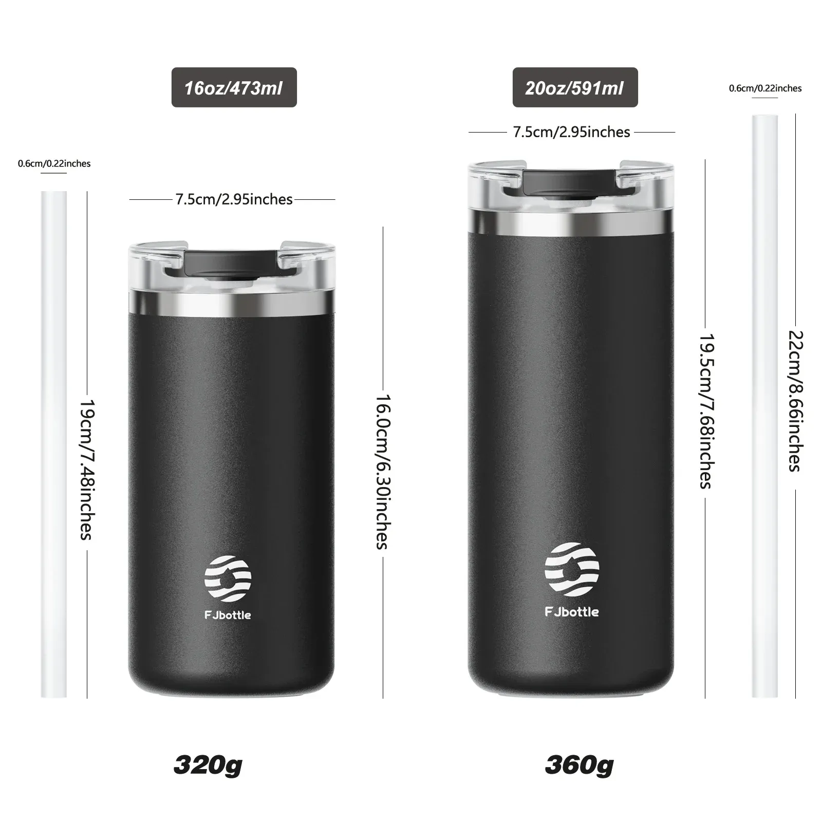 FEIJIAN Stainless Steel Vacuum Coffee Tumbler with Straw, 16 oz/20 oz