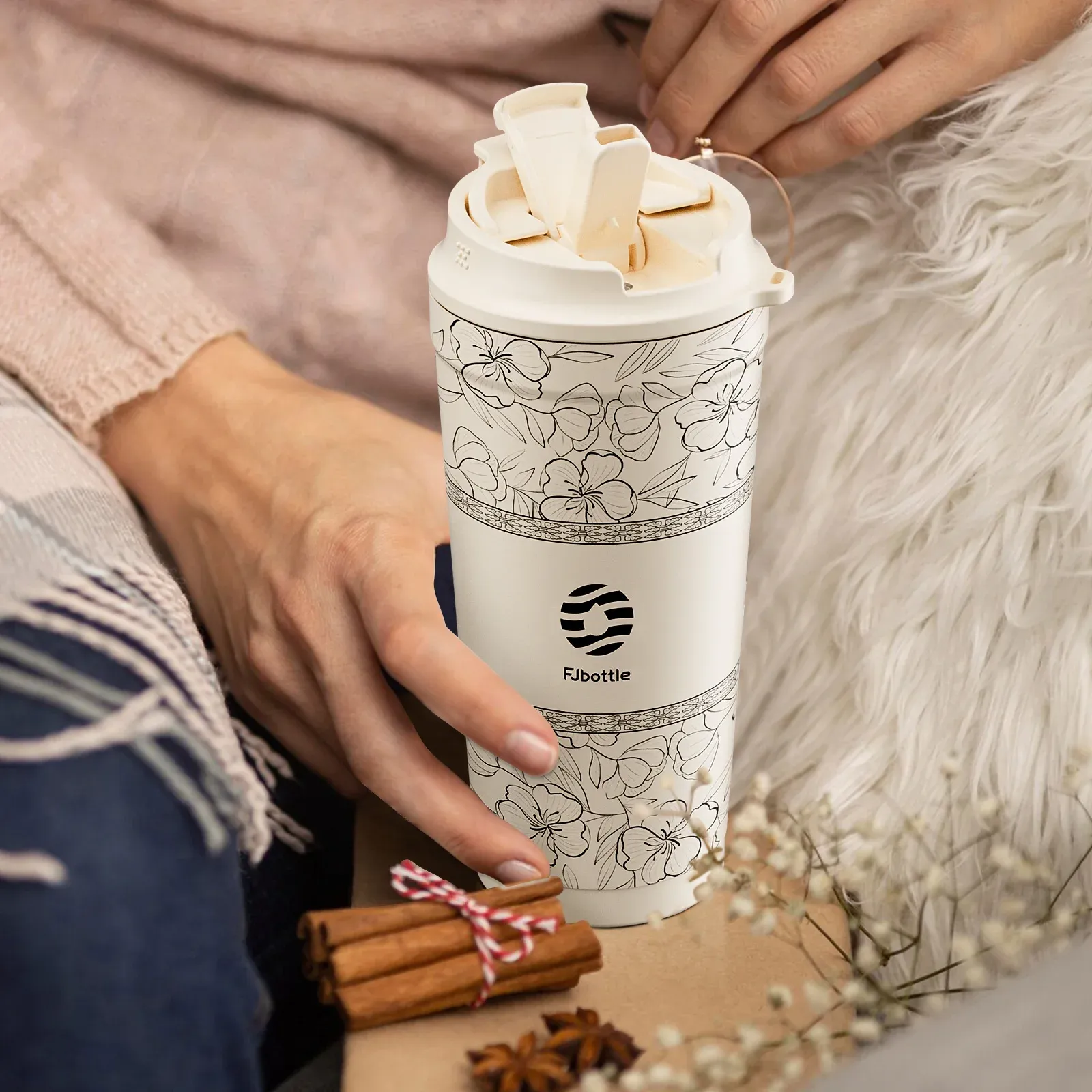 Fjbottle 500ml Floral Stainless Steel Vacuum Mug