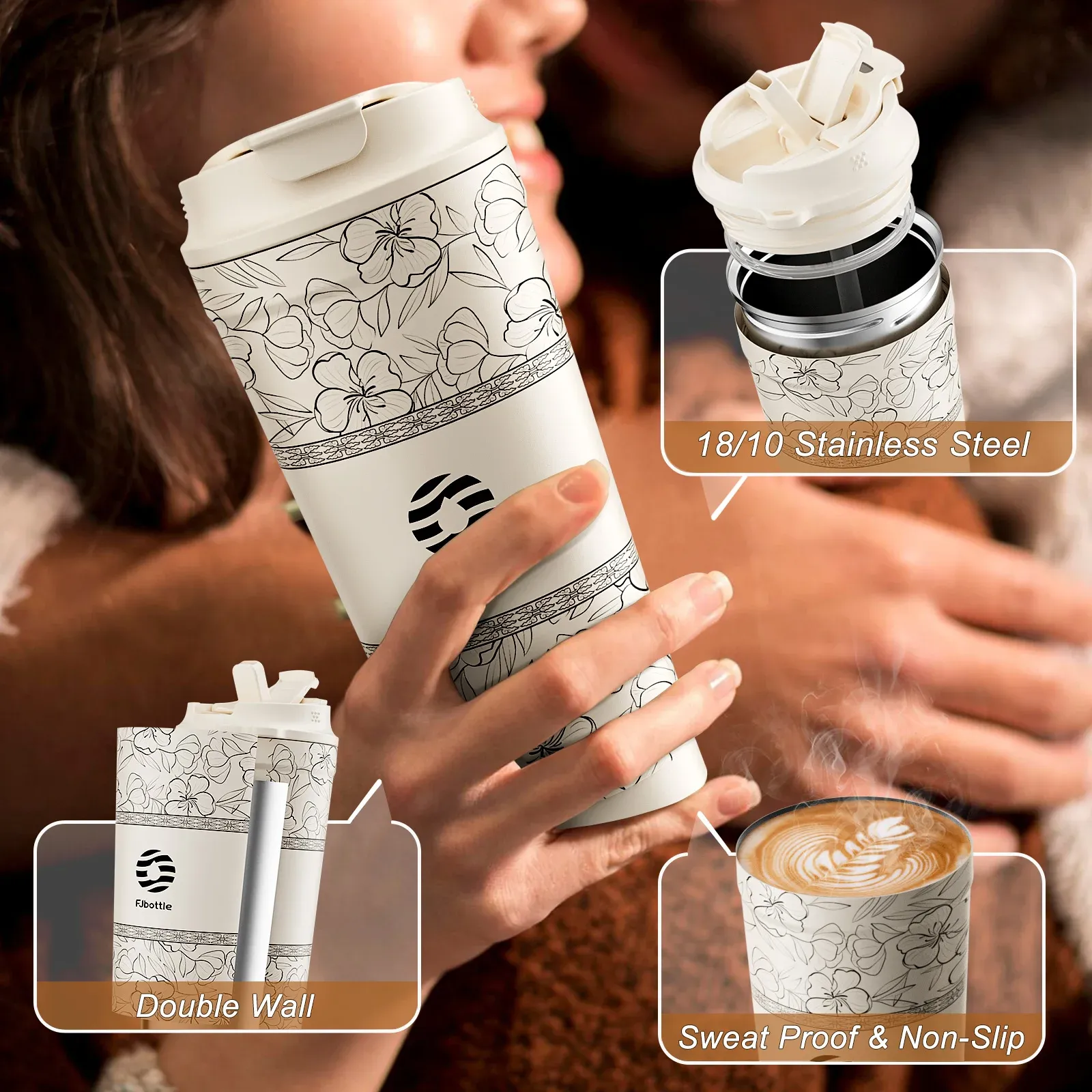 Fjbottle 500ml Floral Stainless Steel Vacuum Mug