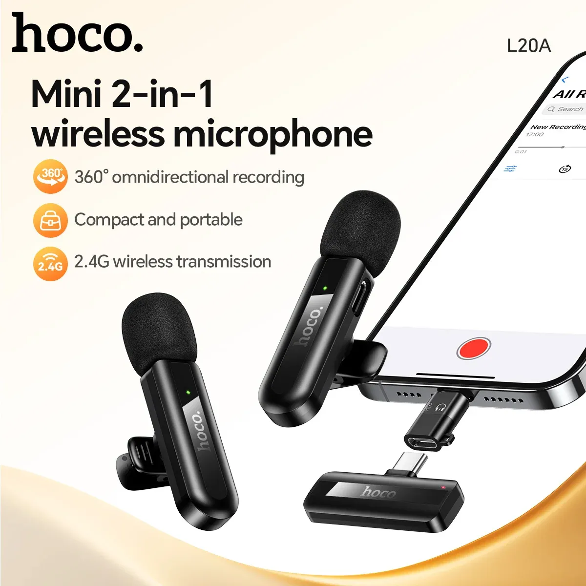 HOCO L20A Dual Wireless Lavalier Microphone for Mobile Recording