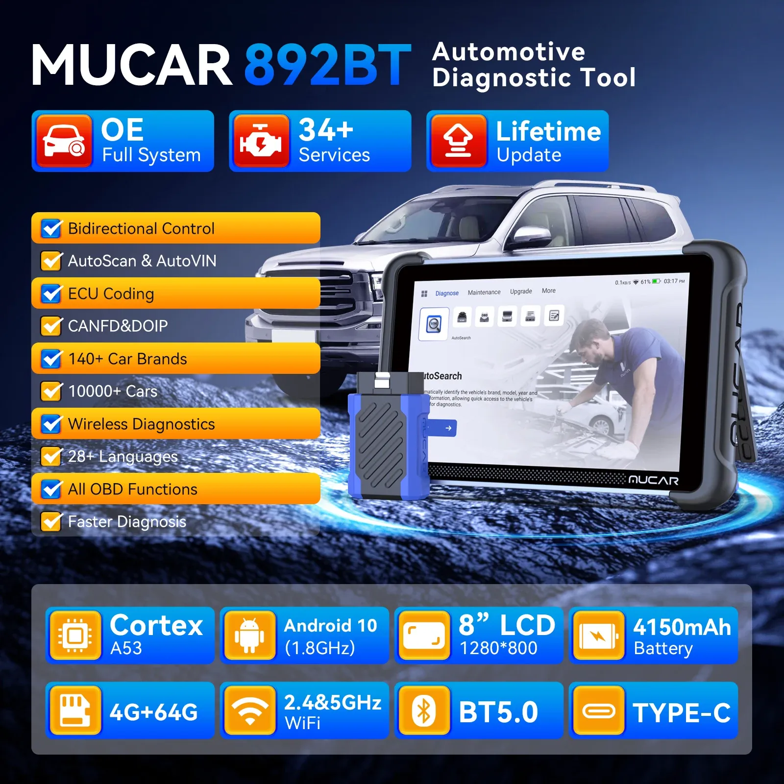MUCAR 892BT All-System Bi-Directional Diagnostic Tablet