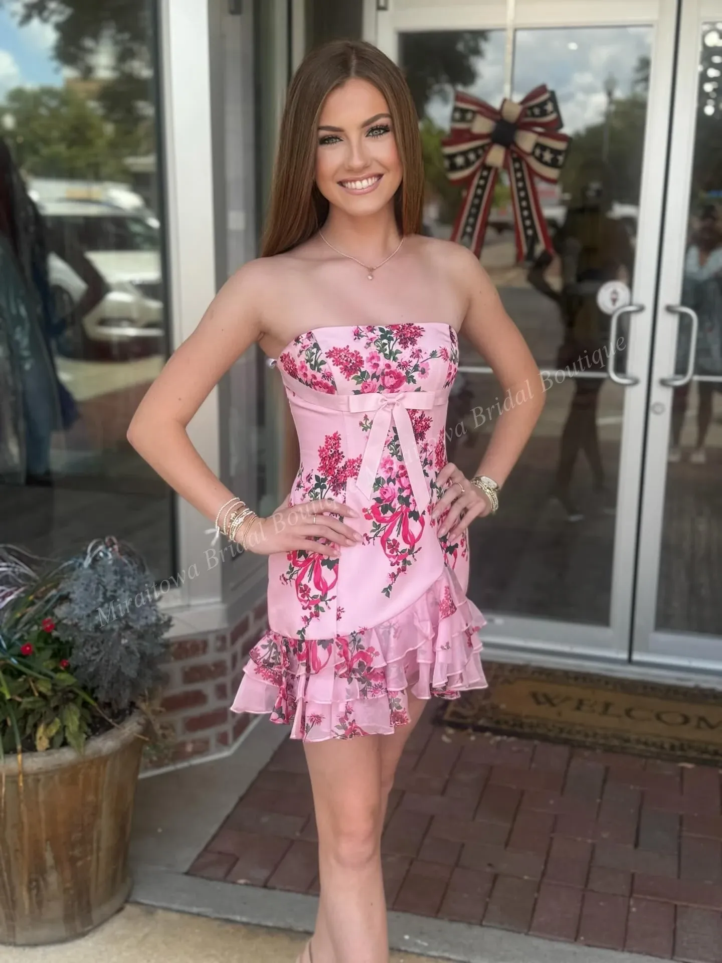 Sqosawe Pink Floral Drop-Waist Homecoming Dress