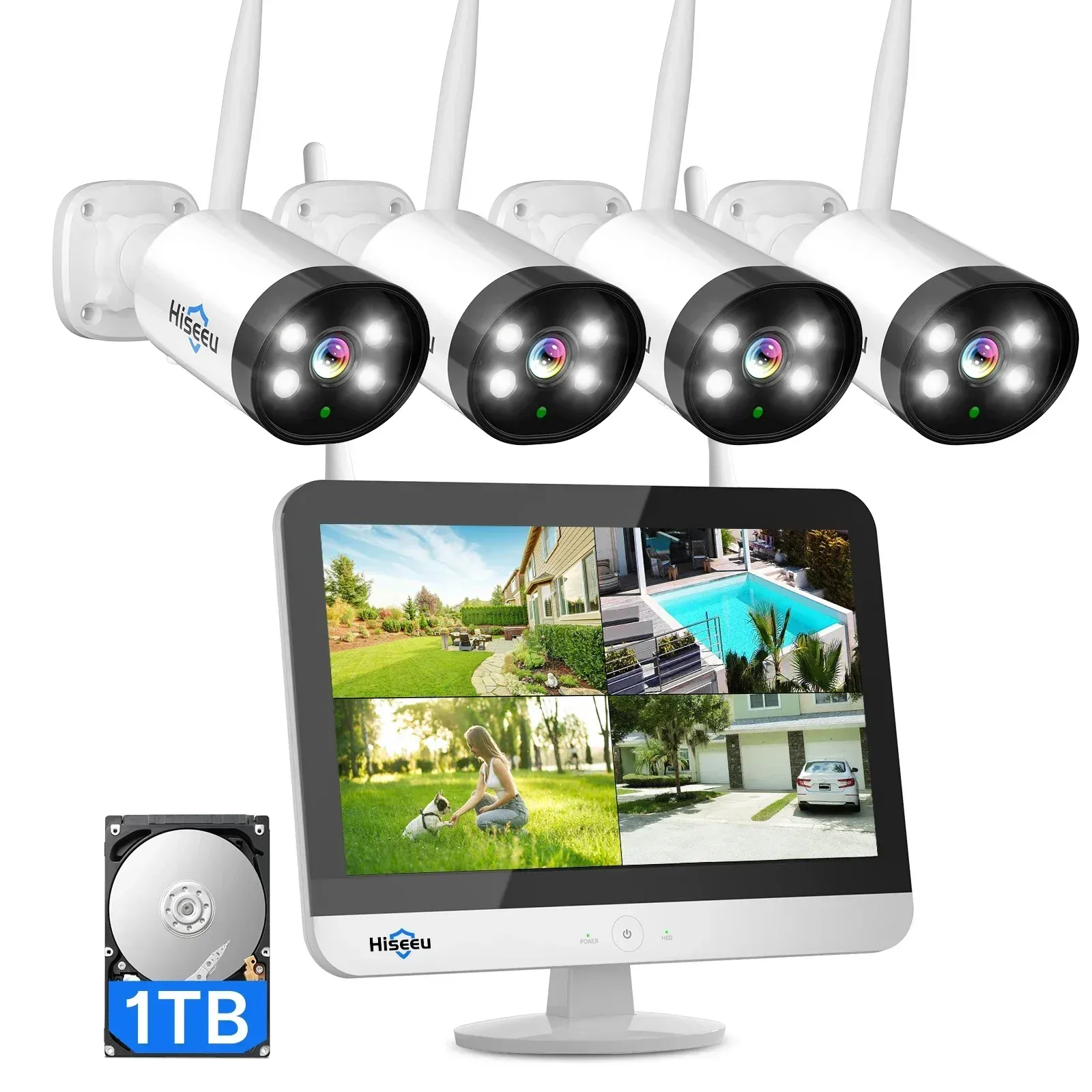 Hiseeu 3MP Wireless Solar Security Camera Kit with 12-Inch Monitor