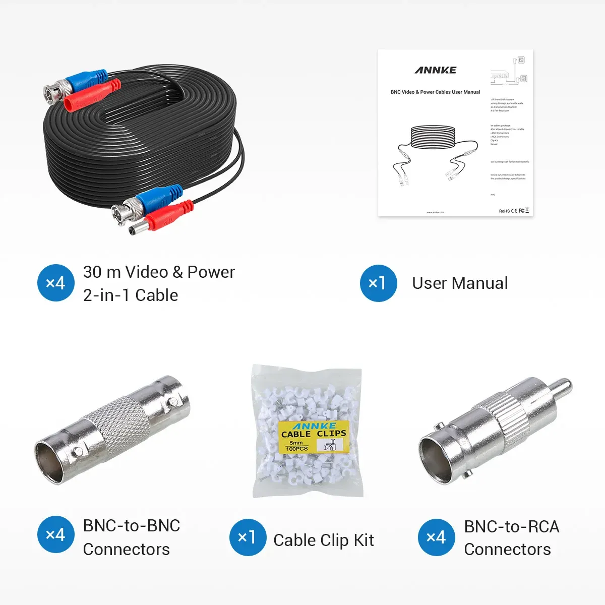 ANNKE 4-Pack 30m BNC Video Power Cable Set for CCTV Systems
