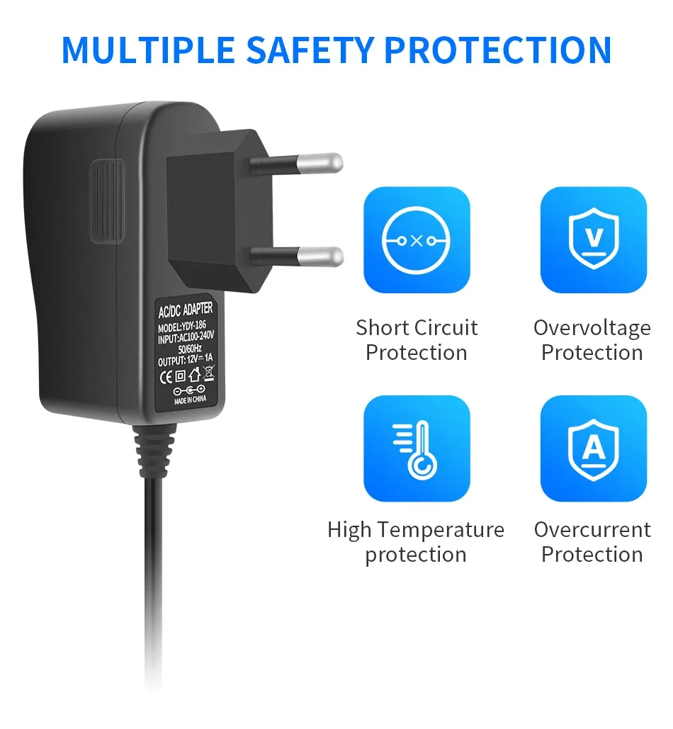 12V 1A CCTV Power Adapter with 10-Foot Cord