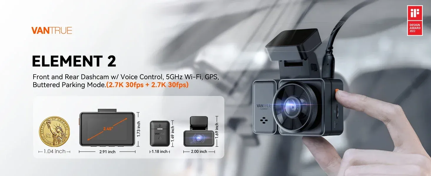 Vantrue E2 2.5K Front and Rear Dash Cam with GPS and Voice Control