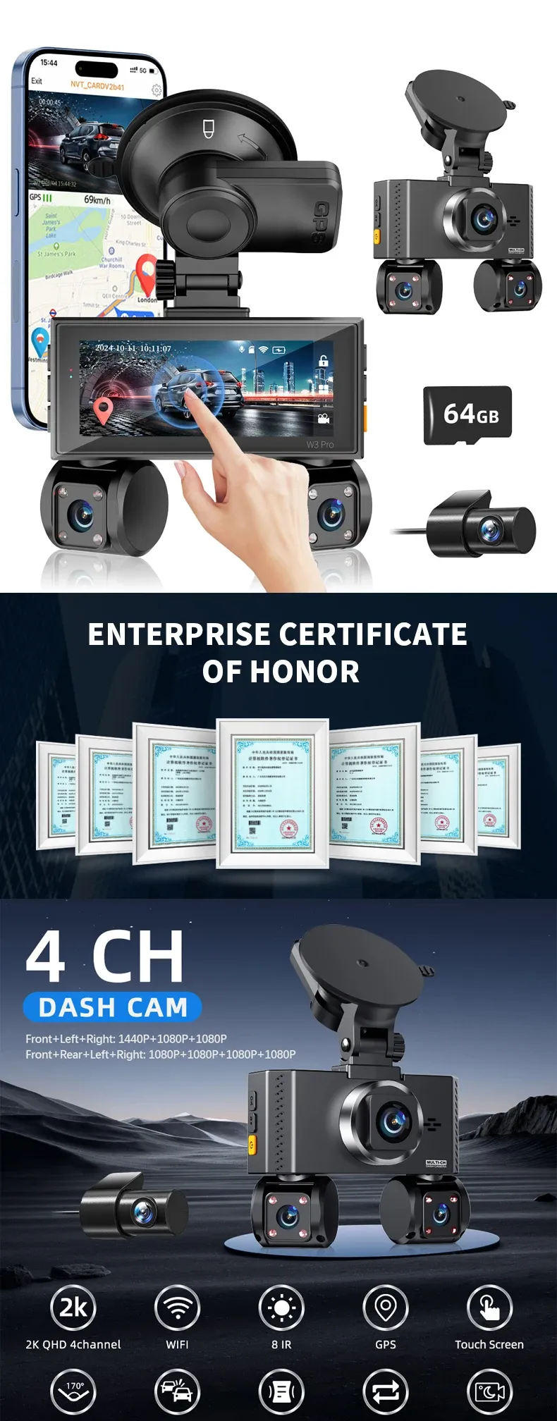 FOXGOD 2K QHD 4-Channel Dash Cam with GPS and Wi‑Fi