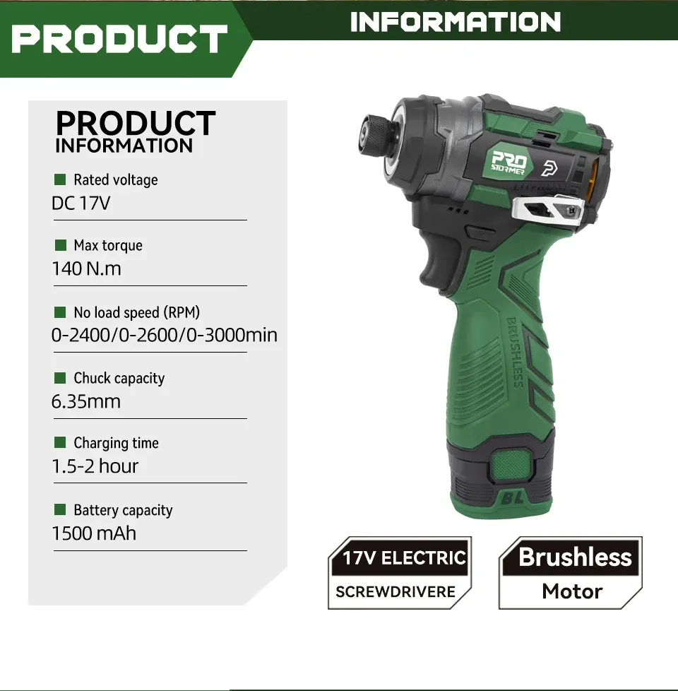 PROSTORMER 17V Brushless Cordless Screwdriver 140Nm