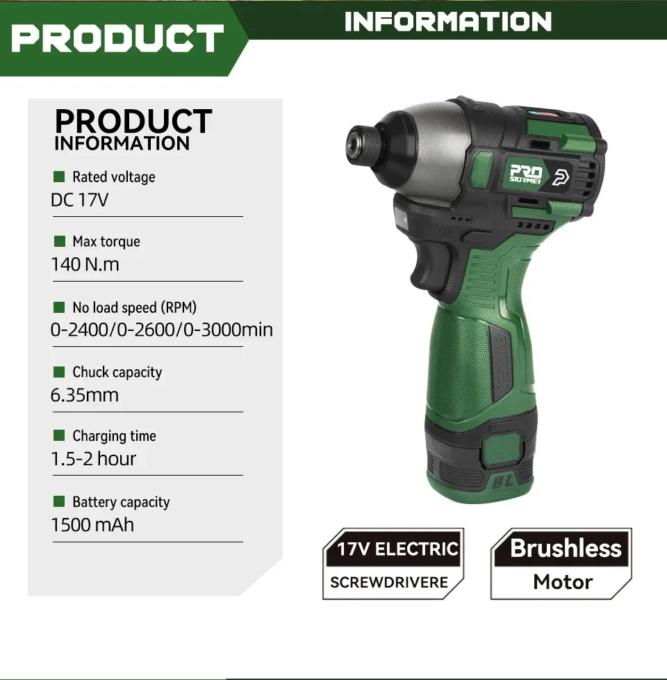 PROSTORMER 17V Brushless Cordless Screwdriver 140Nm