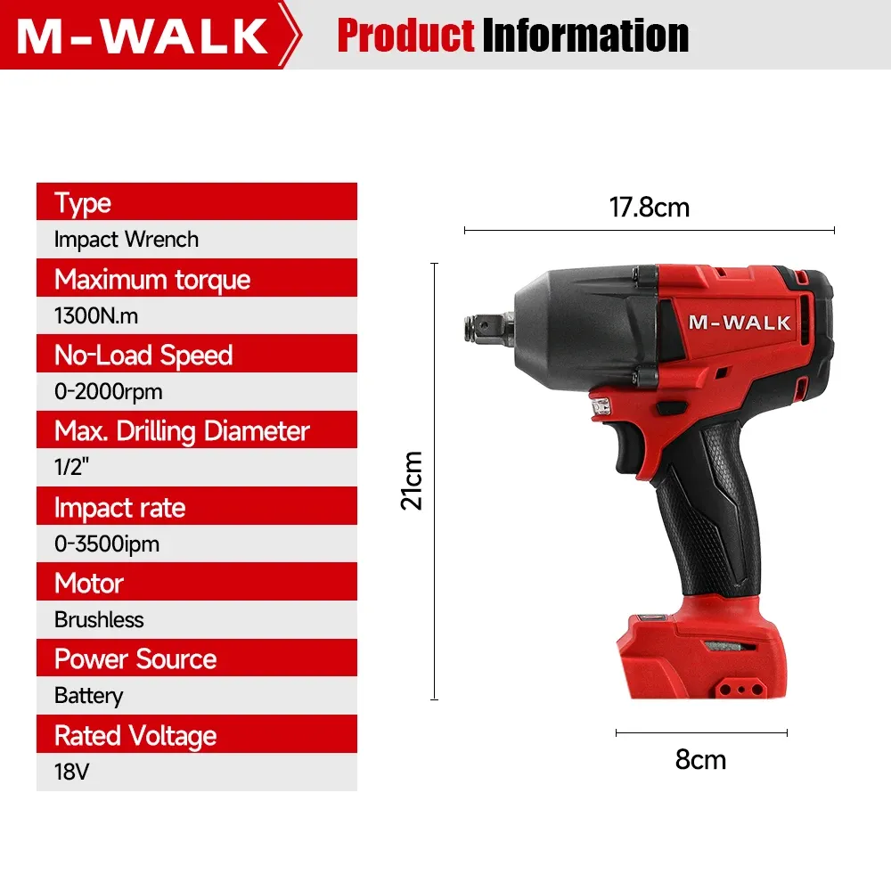 M-WALK 18V Brushless Cordless Impact Wrench 1300N.m