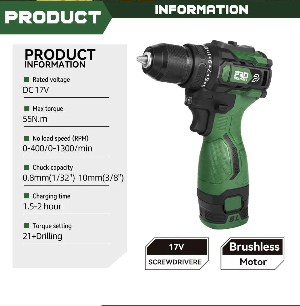 PROSTORMER 17V Brushless Cordless Drill 55Nm Compact Driver