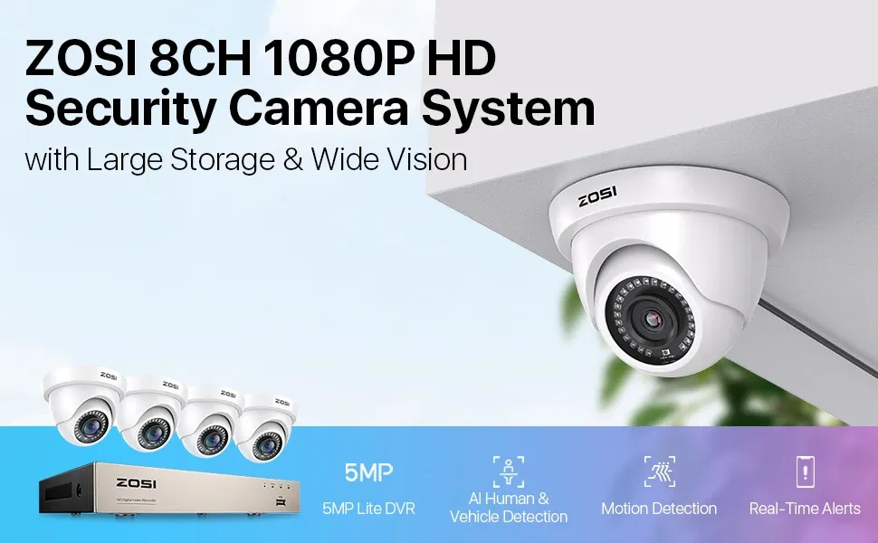 ZOSI 8-Channel Wired DVR Security Camera Kit with AI Detection