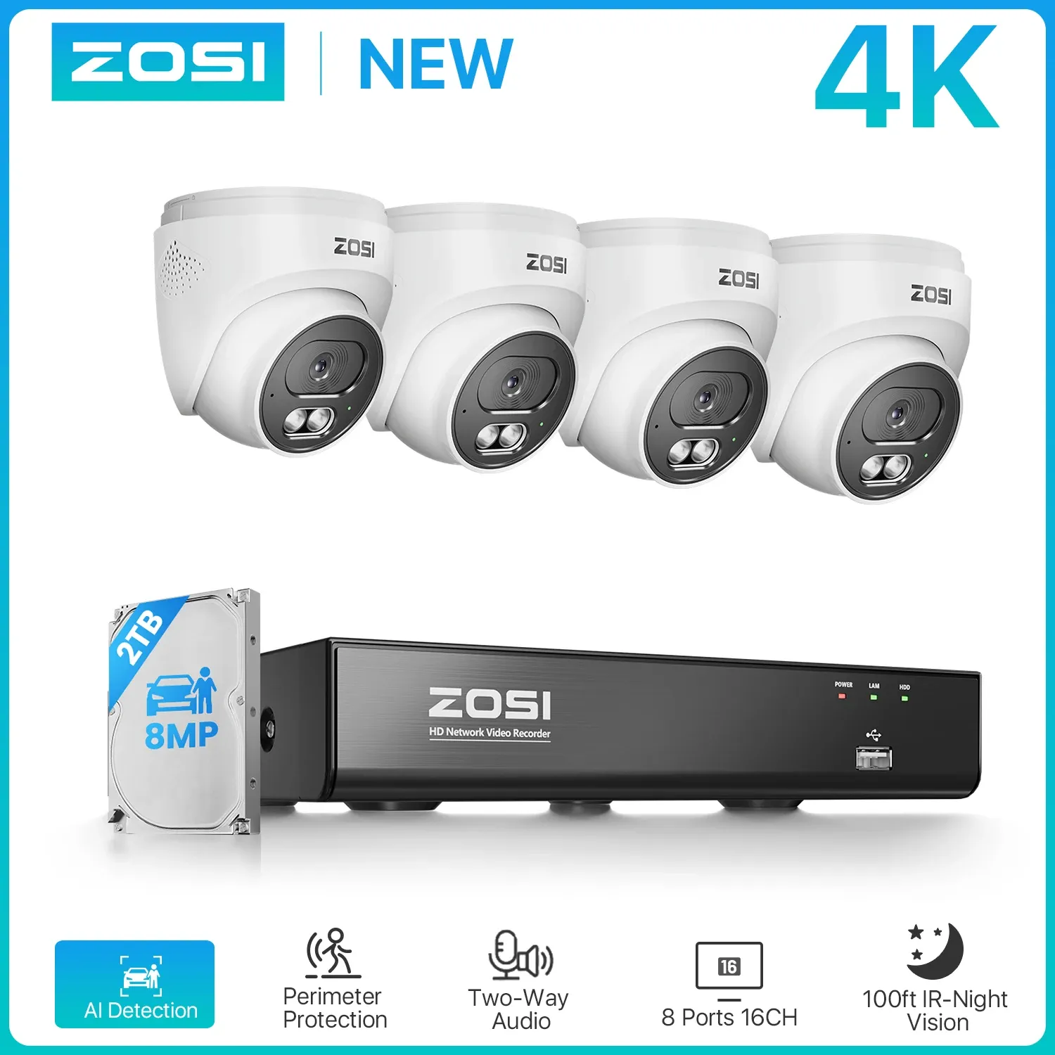 ZOSI 4K 8MP PoE 8-Channel NVR Dome Security Kit