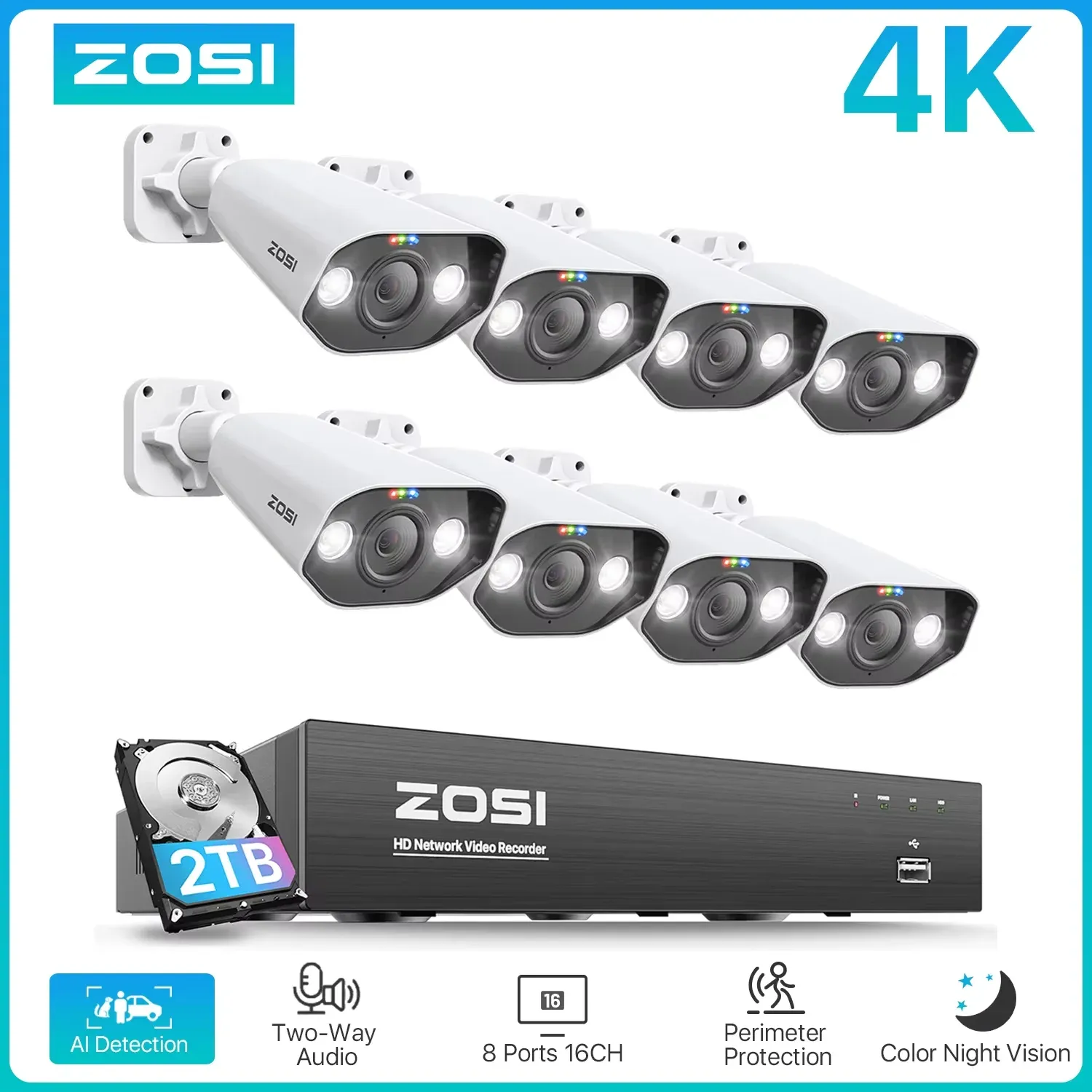 ZOSI 8-Channel 4K PoE Outdoor Security Camera Kit with AI Detection
