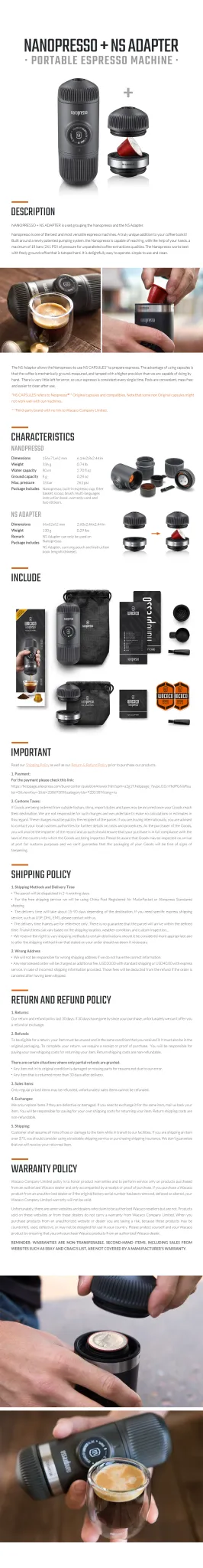 Wacaco Nanopresso Portable Espresso Maker with NS Adapter