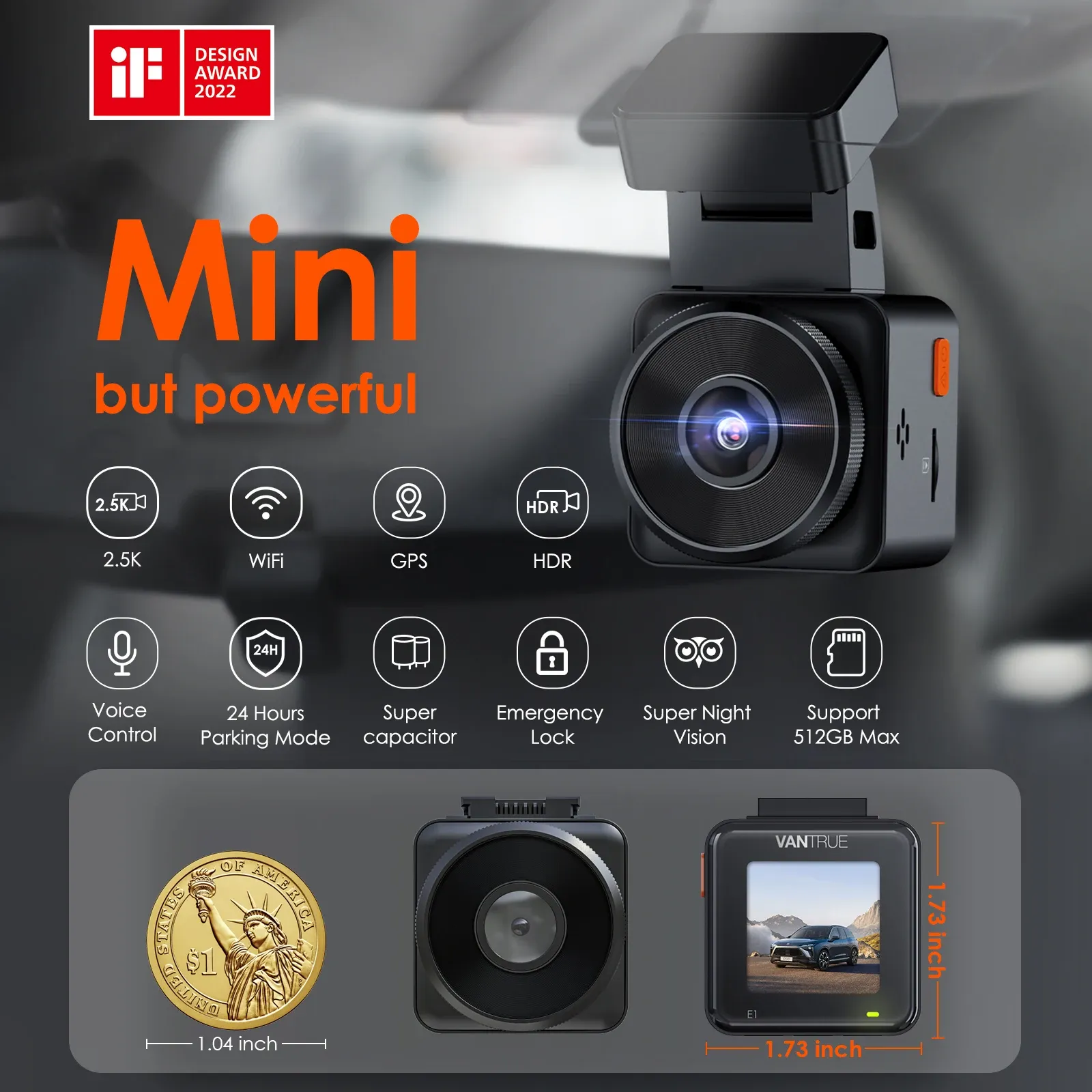 Vantrue E1 2.7K WiFi Mini Dash Cam with GPS and Voice Control