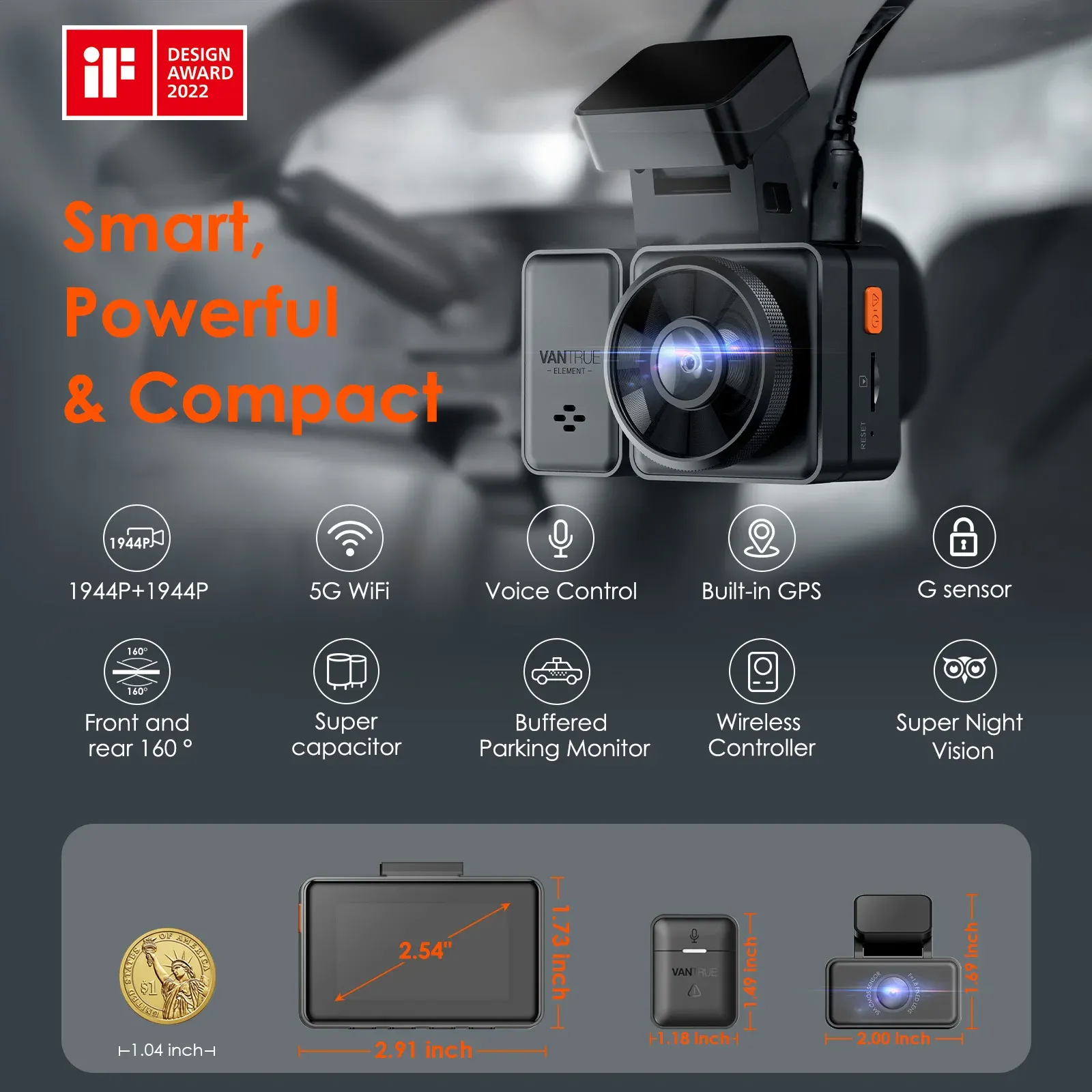 Vantrue E2 Dual 2.7K Dash Cam with Voice Control and GPS