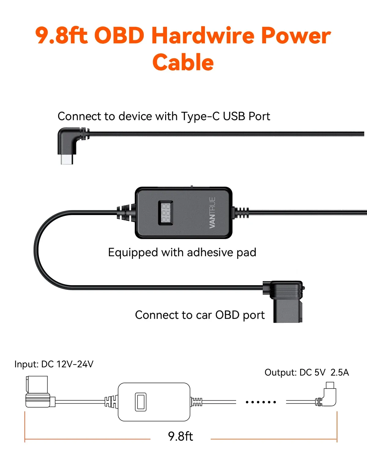 Vantrue VP01 Type C OBD Hardwire Power Cable with LED Voltage Display